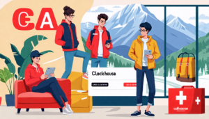 Create an image of a trendy, modern online clothing store interface featuring the C&A Clockhouse brand. Show a diverse group of young adults browsing stylish apparel options on their devices in a cozy, well-decorated room. The setting should combine elements of Swiss culture, such as a backdrop of the Swiss Alps visible through a window, and interior details like minimalist Swiss design furniture. Ensure the C&A Clockhouse logo is prominently displayed on the screen and packaging.