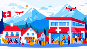 Create an image of a bustling Swiss town with a picturesque backdrop of the Alps. In the scene, feature a modern, stylish online shop. Include elements like people happily shopping on their laptops and smartphones, packages being delivered by drones, and a storefront with a Swiss flag subtly integrated in the design.