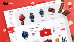 Create a detailed illustration of a modern, sleek online shop interface for 'HM Shop CH', featuring various Swiss-themed products such as Swiss watches, chocolate, and traditional crafts. The interface should be user-friendly, with clean lines and an organized layout, emphasizing a seamless shopping experience. Highlight categories, product descriptions, and a shopping cart icon, all set against a backdrop that subtly incorporates elements of Swiss design.