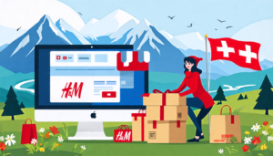 Create an image that showcases the advantages of shopping at the H&M online store in Switzerland. Include elements such as:n- A computer or smartphone screen displaying the H&M online store with a Swiss flag in the backgroundn- A happy shopper receiving an H&M package at their doorstep with a Swiss landscape (Alps, lakes) visible in the backgroundn- Key benefits highlighted in the image like 'Fast Delivery', 'Wide Selection', 'Exclusive Online Discounts', and 'Convenient Returns'n- Swiss currency (CHF) symbols to emphasize local pricing benefits.