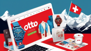 Create an illustration of a vibrant, modern online shopping interface showcasing the Otto Online Shop in Switzerland (CH). Highlight Swiss elements such as the Swiss flag, iconic landmarks like the Matterhorn, and popular Swiss products like watches and chocolates. Include a variety of items available for purchase, with a Swiss customer happily browsing through the online store on a laptop or tablet.