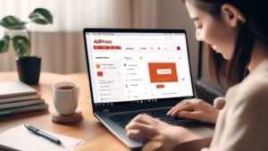 A person happily shopping online on a laptop, with the AliExpress logo visible on the screen. The scene should include a cozy home setting with a cup of co