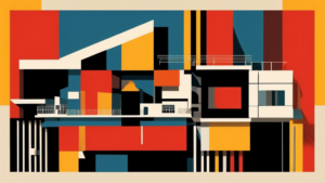 Create an image depicting the iconic Bauhaus architectural and design style. The scene should feature clean lines, geometric shapes, and a minimalistic aes