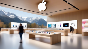 Create an image of a sleek, modern Apple Store with the iconic logo prominently displayed. The store's front windows showcase the latest Apple products lik