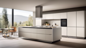 A modern, stylish kitchen with state-of-the-art appliances from comet.ch, featuring a sleek refrigerator, advanced oven, and smart dishwasher. The setting