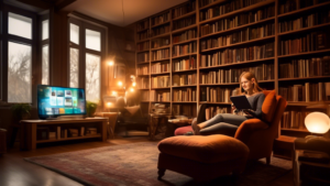 Create an image of a cozy home library with bookshelves filled with a variety of books and media. In the center, there's a person sitting comfortably in a