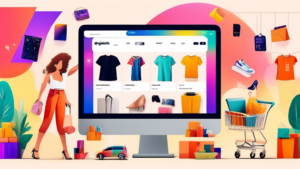 Create an image of a dynamic, colorful online shopping scene featuring the Galaxus.ch website on a computer screen. Show a diverse range of products such a