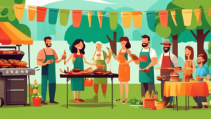 A vivid backyard summer barbecue scene with a variety of high-quality grills in action. Smiling people are cooking and enjoying the finest grilled foods, s