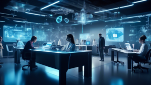 An advanced technological landscape with sleek, modern devices and futuristic interfaces. In the foreground, a sophisticated AI hologram labeled helena.ch