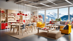 A vibrant and welcoming IKEA store set against the picturesque Swiss Alps, showcasing modern and stylish furniture displays. Swiss flags are subtly incorpo