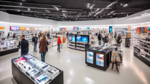 A bustling electronics store filled with a wide variety of products, including the latest smartphones, laptops, smart home devices, and gaming consoles. Sh