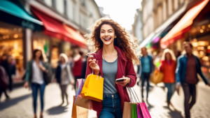 An enthusiastic young woman carrying shopping bags, walking through a bustling city street lined with a variety of shops, each offering discounts and exclu