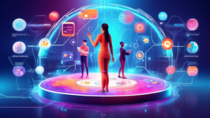 A futuristic digital platform interface with vibrant, interactive elements representing various aspects of life such as health, social connections, finance