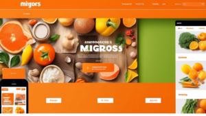 Create an image depicting a vibrant and user-friendly online shopping website for Migros, showcasing a variety of products such as fresh groceries, househo