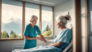 Create an image of a caring and professional nurse attending to an elderly patient in a serene and modern healthcare setting in Switzerland. Include elemen