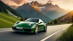 A sleek Porsche 911 Carrera cruising through the Swiss Alps at sunset, with the iconic mountains and lush green valleys in the background. The car features