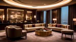 A luxurious setting showcasing an elegant business lounge with sophisticated clientele receiving exclusive services, high-end products displayed, and a con