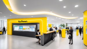 A high-tech, modern bank building with the Raiffeisen logo prominently displayed, bustling with diverse customers inside. The interior showcases various fi