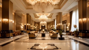 Create an image of a grand, opulent hotel lobby with plush furniture, crystal chandeliers, and marble floors, capturing the essence of luxury and elegance.