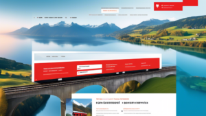 Create an image showing a modern, sleek website interface for SBB.ch, displaying various services and offers. Include elements like train ticket booking, t