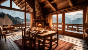 A cozy, luxurious Swiss cabin nestled in the snowy Alps, surrounded by pristine nature, with a warm, inviting fireplace inside. There are panoramic views o