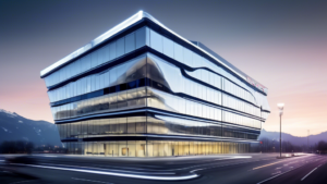 A futuristic and sleek Swiss office building with the Swisscom logo prominently displayed. Inside, advanced technology is showcased, including cutting-edge