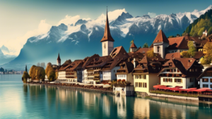 Create an image showing a picturesque view of Thun, Switzerland, featuring its historic old town with cobblestone streets, charming Swiss architecture, the