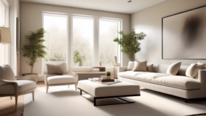 A modern, elegantly designed living room featuring minimalist furniture with clean lines, soft neutral tones, and a few tasteful decor items. The interior