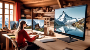 Create an image of a person sitting at a desk with a computer, browsing the website worldofswiss.ch. The background should feature Swiss landmarks like the