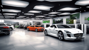 Create an image of a modern, sleek car dealership showcasing a variety of cars, both new and used, with a welcoming atmosphere. Include friendly staff inte