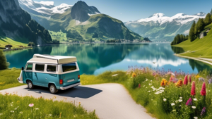 Create an image of a picturesque Swiss landscape with rolling hills and snow-capped mountains in the background. In the foreground, a modern camper van is