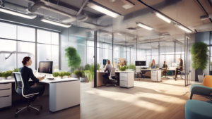 Create an image capturing the vibrant atmosphere of a modern office space where a team of diverse individuals collaborates creatively, symbolizing the succ