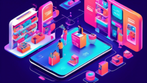 Create an illustration that captures the futuristic concept of online shopping. Include elements like a high-tech interface, virtual reality shopping exper