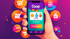 Create an image depicting a modern digital wallet interface on a smartphone, showcasing various features of the Coop Supercard. The screen displays colorfu