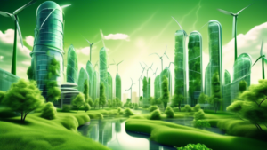 Create an image that represents the concept of sustainability in the digital age, featuring a futuristic cityscape with green buildings integrated with nat