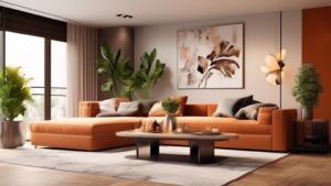 Create an inviting and stylish living room interior, featuring modern furniture, elegant decor, and a warm color palette. Include elements like a cozy sofa