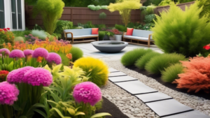 Create an image of a modern and well-maintained garden featuring a variety of colorful flowers, lush greenery, and innovative landscaping designs. Include