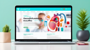 Create an image of a sleek and modern website interface on a computer screen, labeled Gesundheitszentrum.ch, showing various sections like Health Tips, Med