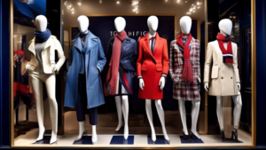 Create an image showcasing a high-fashion window display in a chic urban boutique. The display should feature the latest trends from Tommy Hilfiger, with m