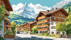 Create an illustration showcasing a picturesque Swiss neighborhood that epitomizes the most popular residential areas on Immo.ch. Include a mix of charming