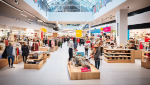 An inviting and vibrant marketplace scene showcasing a variety of products and services available at Karstadt.ch, featuring colorful displays of clothing,