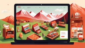 Create an illustration of a lively, bustling online marketplace set against a backdrop reminiscent of the Swiss landscape, with rolling hills and mountains