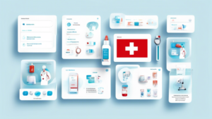 Create an illustration of an online platform interface featuring a variety of medical products and services. The scene includes a digital display showcasin