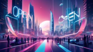 Create an image depicting a futuristic digital landscape featuring the logo of open.ch prominently displayed on various digital screens and devices. The sc