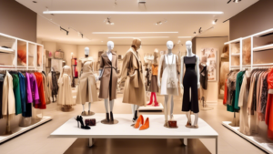 Create an image of a modern fashion boutique showcasing the latest trends in clothing and accessories. The setting is elegant and stylish, with mannequins