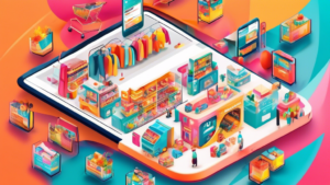 Create an illustrated guide showcasing a vibrant online shopping experience, featuring a user-friendly website interface, colorful product images, diverse