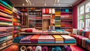 Create an image of a vibrant and colorful fabric store interior, showcasing a wide array of high-quality materials such as cotton, silk, velvet, and linen.