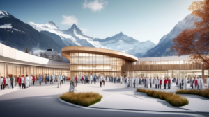 Create an image of a welcoming and modern Swiss medical center with the iconic Swiss Alps in the background. The center is bustling with diverse healthcare