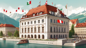 Create an image depicting the Hungarian Embassy in Switzerland, focusing on its role and functions. Illustrate the embassy building with a blend of Hungari