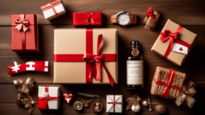 A beautifully wrapped gift box with a Swiss flag ribbon, surrounded by an array of unique and elegant gift items like watches, chocolates, and handcrafted